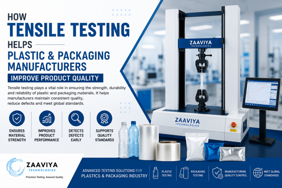 Tensile Testing Machine performing plastic and packaging material testing for manufacturing quality control at Zaaviya Technologies.